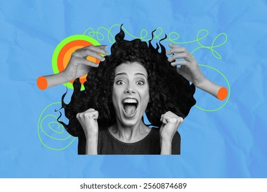 Composite trend artwork sketch image photo collage of young lady emoji face scream happy fist up hairdo style barbershop grooming shampoo - Powered by Shutterstock