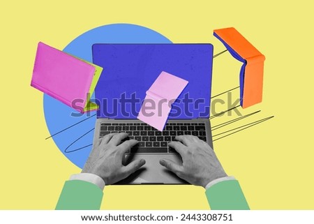 Composite trend artwork sketch image 3D collage of huge laptop blue screen device hand hacker specialist hold on keyboard attack software