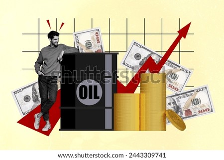 Composite trend artwork sketch image 3D photo collage of black white silhouette young guy oil magnat rich businessman increase money