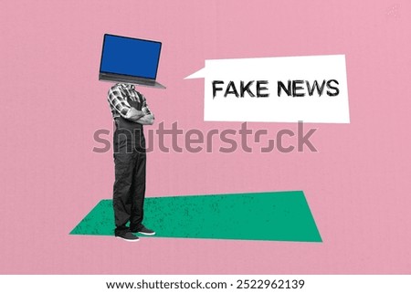 Composite trend artwork sketch image photo collage of speech cloud fake news misleading propaganda worker man uniform headless laptop.