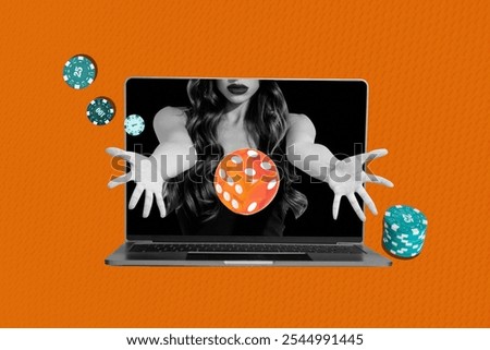 Composite trend artwork sketch image photo collage of blackjack betting gambling chip dice combination young lady appear laptop display