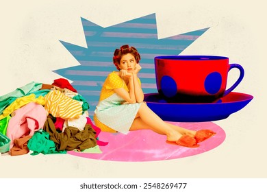 Composite trend artwork sketch photo collage of young lady housewife hairdo sit sad tired big cup drink coffee break pile clothes laundry - Powered by Shutterstock