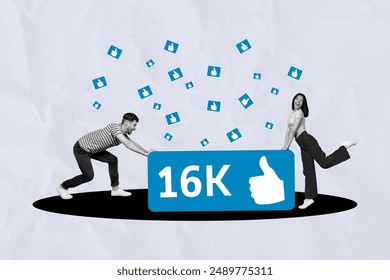Composite trend image photo collage of like follow thumb up social media influencer young man woman work together banner count number