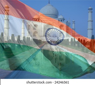 A composite of two photos taken by the author. The Taj Mahal in Agra India looking down the reflecting pool and the flag of India.