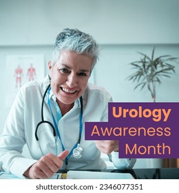 Composite of urology awareness month over happy caucasian female doctor. Urology awareness, health and prevention concept digitally generated image. - Powered by Shutterstock