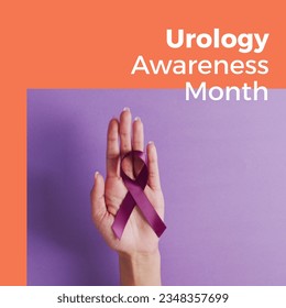 Composite of urology awareness month over biracial woman's hand with purple ribbon. Urology awareness, health and prevention concept digitally generated image. - Powered by Shutterstock
