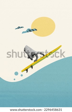 Composite vertical advertisement summer advertisement resort fingers surfing concept ocean waves isolated over yellow sun background