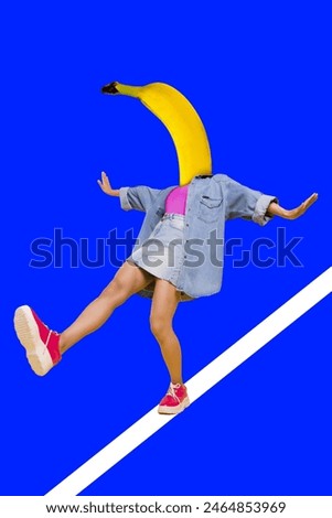 Composite vertical artwork collage image of girl banana instead head dancing isolated on creative background