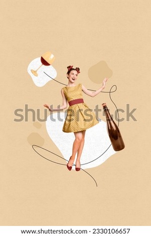 Composite vertical design collage picture retro discotheque of funny girl drinking wine glass sommelier isolated on beige background