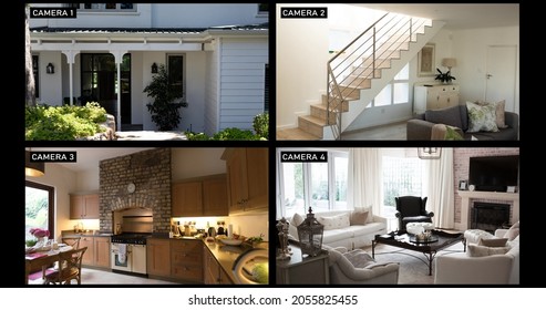 Composite of views from four security cameras in different areas at a family home. surveillance, domestic security and safety technology concept digital composite image. - Powered by Shutterstock