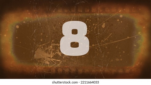 Composite of white colored number 8 text over scratched old negative camera film, copy space. Digits, counting, abstract, retro, damaged, filmstrip and photography concept. - Powered by Shutterstock