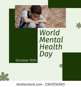 Composite of world mental health day text over sad caucasian boy. Mental health, support and mental health awareness concept digitally generated image. - Powered by Shutterstock