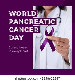 Composite of world pancreatic cancer day text over biracial female doctor holding purple ribbon. Pancreatic cancer, medicine and health awareness concept digitally generated image. - Powered by Shutterstock