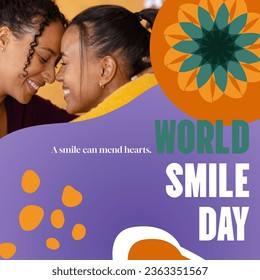 Composite of world smile day text and biracial lesbian couple smiling over purple background. Smiling, happiness and facial expression concept digitally generated image. - Powered by Shutterstock