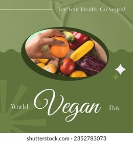 Composite of world vegan day text and hand of biracial person with fresh fruits and vegetables. Copy space, for your health, go vegan, veganism, organic, food, healthy, support and celebration. - Powered by Shutterstock