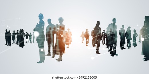 Composited visual of group of multinational people and communication network concept. Wide angle visual for banners or advertisements.