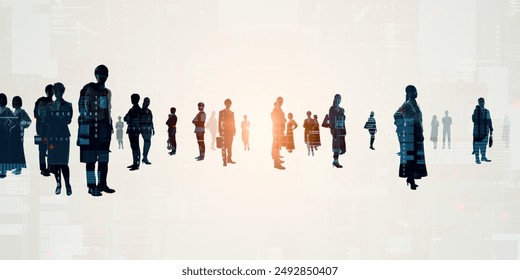 Composited visual of group of multinational people and digital technology concept. Wide angle visual for banners or advertisements.