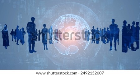 Composited visual of group of multinational people and global communication network concept. Wide angle visual for banners or advertisements.