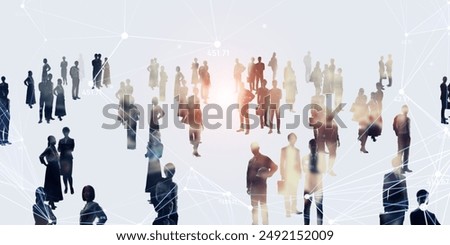Composited visual of group of multinational people and communication network concept. Wide angle visual for banners or advertisements.