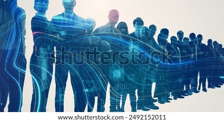 Composited visual of group of multinational people and communication network concept. Wide angle visual for banners or advertisements.