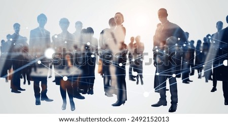 Composited visual of group of multinational people and communication network concept. Wide angle visual for banners or advertisements.