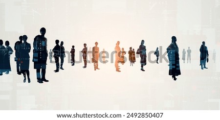 Composited visual of group of multinational people and digital technology concept. Wide angle visual for banners or advertisements.