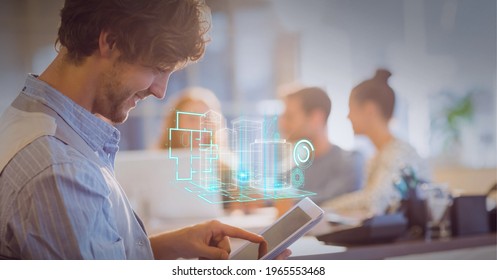Composition of 3d building model and scopes scanning over businessman using tablet in office. global technology, data processing and digital interface concept digitally generated image.
