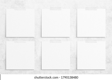 Composition Of 6 White Square Watercolor Sheets Of Paper Glued With Scotch Taped On A Concrete Background. Advertising Board, Poster Mockup On The Wall For Your Design. Flat Lay, Top View, Copy Space