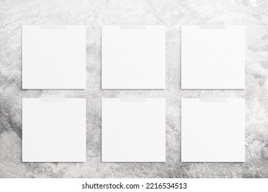 Composition Of 6 White Square Watercolor Sheets Of Paper Glued With Scotch Taped On A Concrete Background. Advertising Board, Poster Mockup On The Wall For Your Design. Flat Lay, Top View, Copy Space