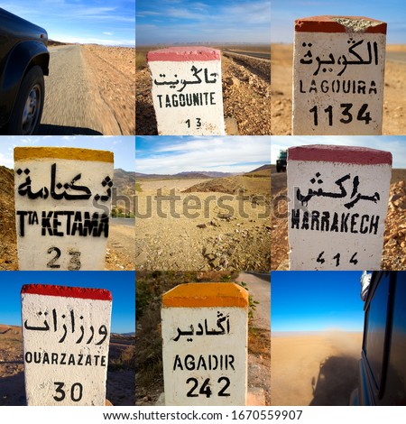 Composition of 9 images in a square format including close-up of road signs in the region of Merzouga and 4x4 Landrover in action. Morocco 2011. Stock photo © 