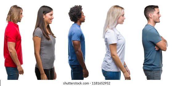 Composition of african american, hispanic and caucasian group of people over isolated white background looking to side, relax profile pose with natural face with confident smile.