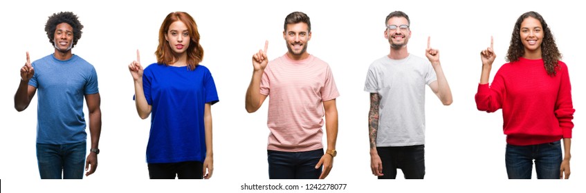 Composition of african american, hispanic and caucasian group of people over isolated white background showing and pointing up with finger number one while smiling confident and happy.