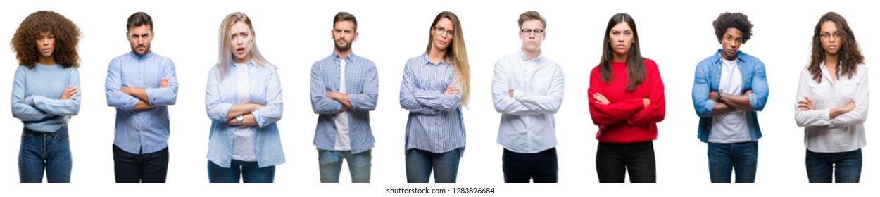 Composition Of African American, Hispanic And Caucasian Group Of People Over Isolated White Background Skeptic And Nervous, Disapproving Expression On Face With Crossed Arms. Negative Person.