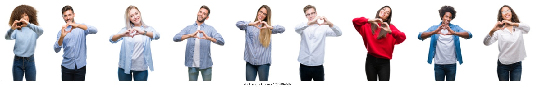 Composition Of African American, Hispanic And Caucasian Group Of People Over Isolated White Background Smiling In Love Showing Heart Symbol And Shape With Hands. Romantic Concept.