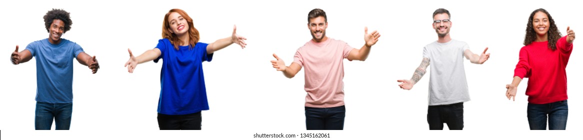 Composition of african american, hispanic and caucasian group of people over isolated white background looking at the camera smiling with open arms for hug. Cheerful expression embracing happiness.