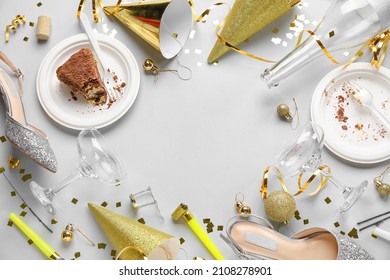 Composition Of After Party Mess On Light Background. Christmas Celebration