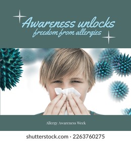 Composition of allergy awareness week text over caucasian boy holding tissue, sneezing. Allergy awareness week and healthcare concept digitally generated image. - Powered by Shutterstock