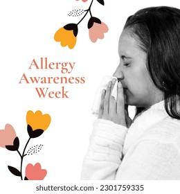 Composition of allergy awareness week text and biracial woman blowing nose. Allergy awareness week and health concept digitally generated image. - Powered by Shutterstock