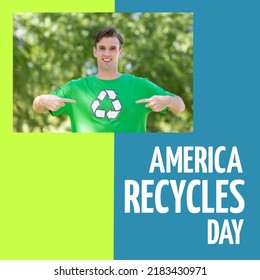 Composition of america recycles day text over caucasian man wearing tshirt with recycling symbol. America recycles day and celebration concept digitally generated image. - Powered by Shutterstock