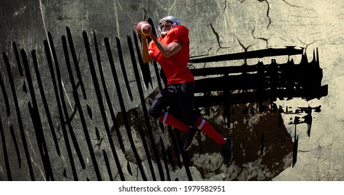 Composition of american football player with ball over squiggles and cracked surface. sports event and competition concept digitally generated image.