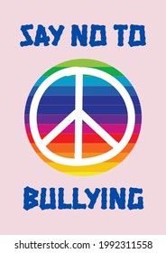 Composition Of Anti Bullying Text With Peace Symbol And Rainbow Circle On Pink Background. Childhood, Bullying And Social Issues Concept Digitally Generated Image.