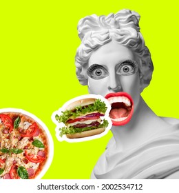 Composition with antique statue with a woman's mouth and burger, pizza. Contemporary art collage and modern design. Summer, carzy mood. Concept of idea, inspiration, creativity.