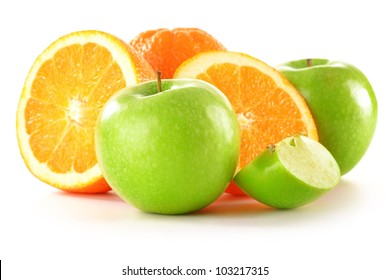 Composition with apples and oranges isolated on white