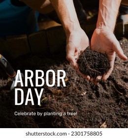 Composition of arbor day text over caucasian man holding ground in garden. Arbor day, gardening and nature concept digitally generated image. - Powered by Shutterstock