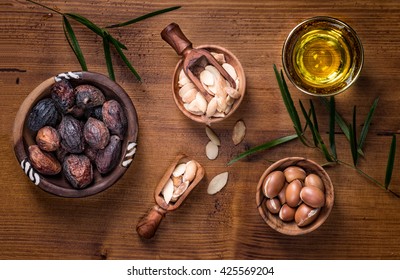 Composition of argan fruits, seeds, oil for skin care