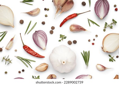 Composition with aromatic spices and onion on white background - Shutterstock ID 2289002739