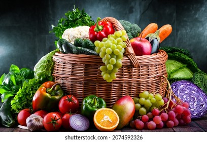Composition with assorted organic vegetables and fruits.