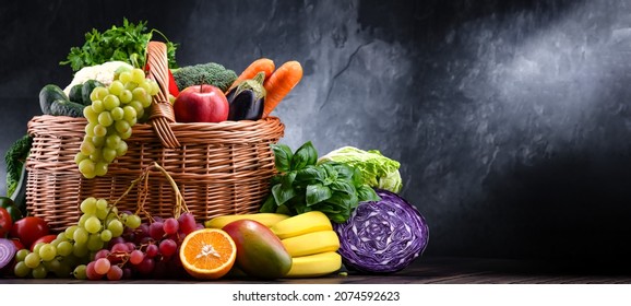 Composition with assorted organic vegetables and fruits. - Shutterstock ID 2074592623