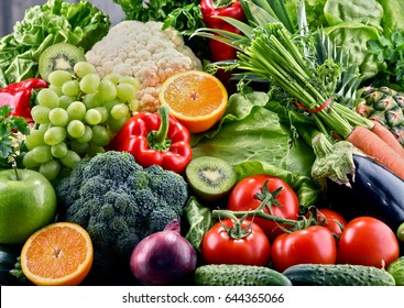 Composition with assorted raw organic vegetables and fruits. Detox diet