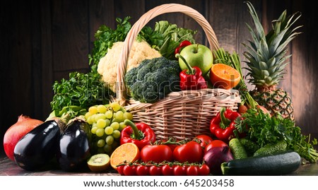 Composition with assorted raw organic vegetables and fruits. Detox diet